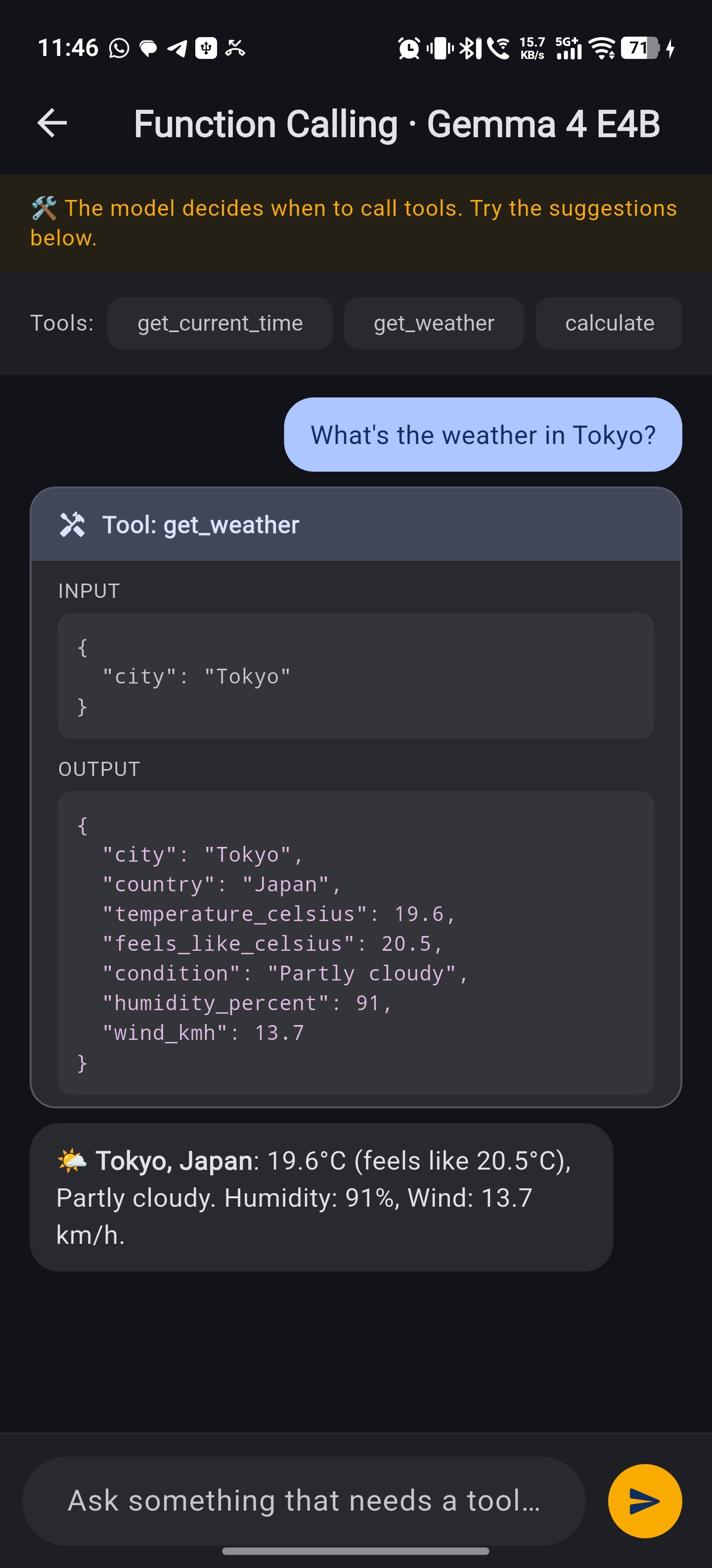 Function calling — AI model calling get_weather tool on device