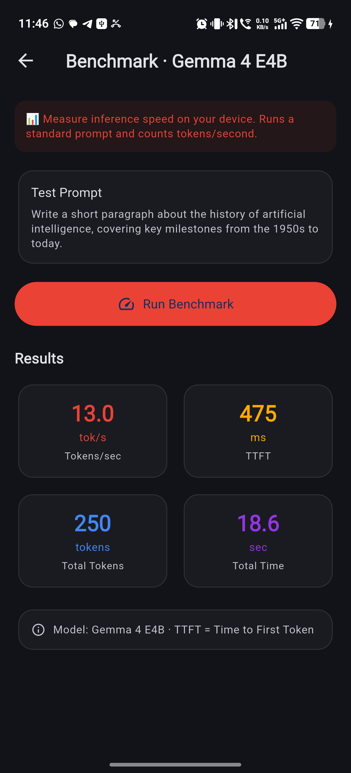 Benchmark results: 13 tokens/sec, 475ms time to first token