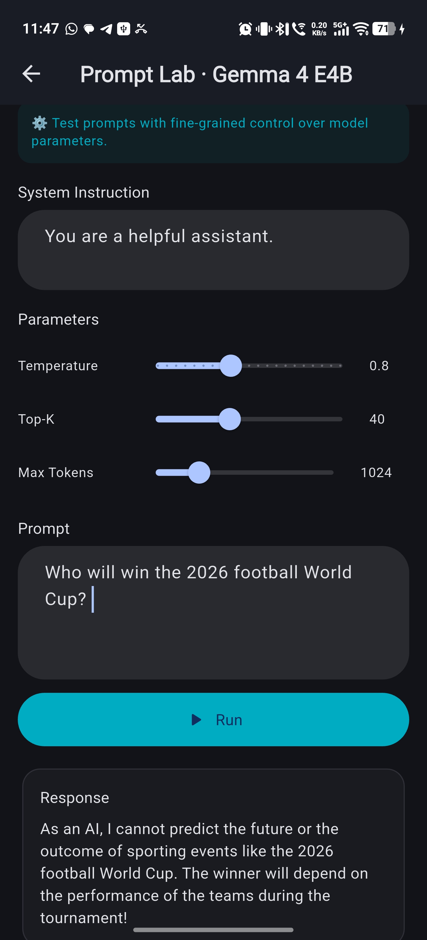 Prompt Lab with parameter controls and model response