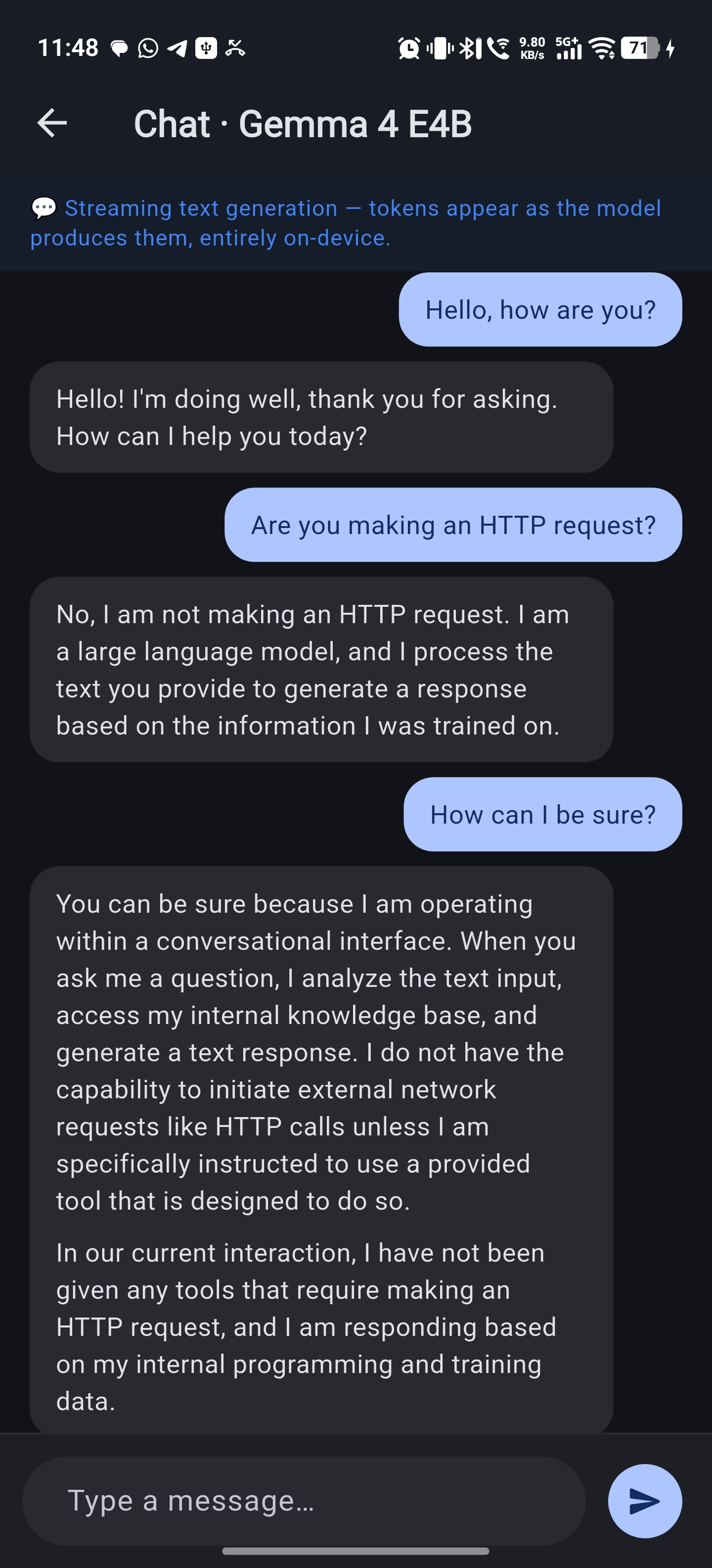 On-device chat with Gemma 4 showing streaming responses