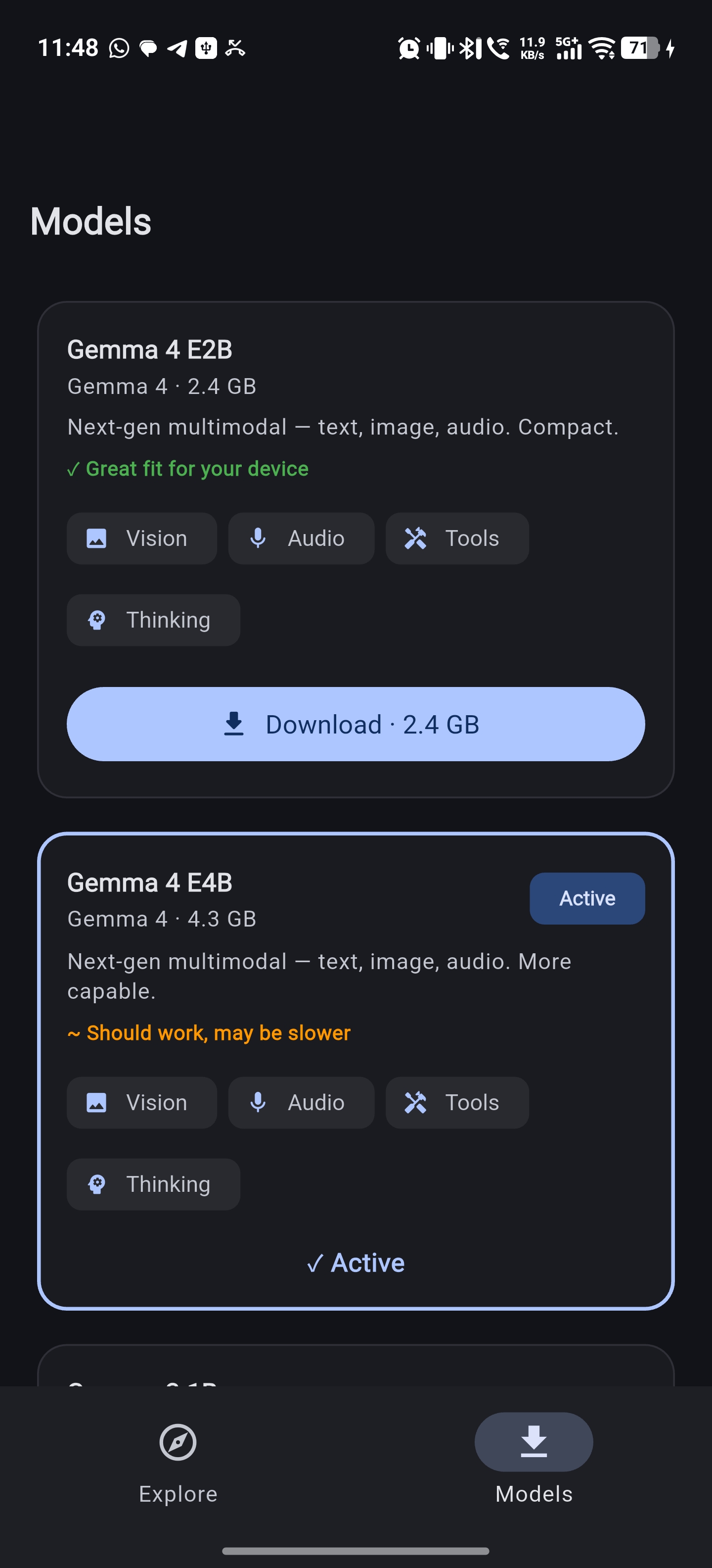 Model catalog showing Gemma 4 variants with capability badges